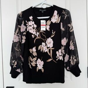 INC Sheer Sleeves Blouse Sweater Black Floral